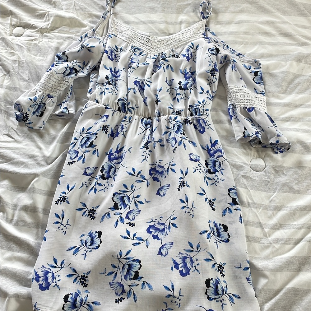 Blue Flowered Off Shoulder with Sleeves Church Spring Dress